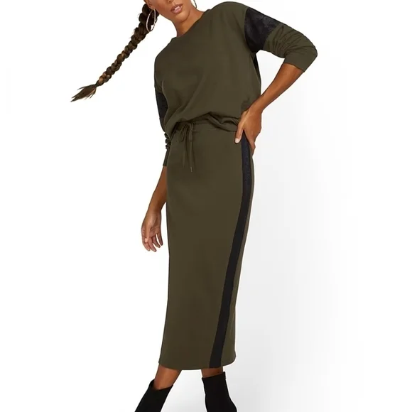 NY&C Faux-Leather Inset French Terry Green Pencil Skirt XL - New With Tags - Picture 2 of 4